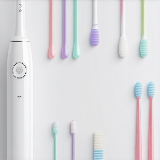 A set of high-end dental tools including an electric toothbrush and interdental brushes for cleaning implants and veneers.