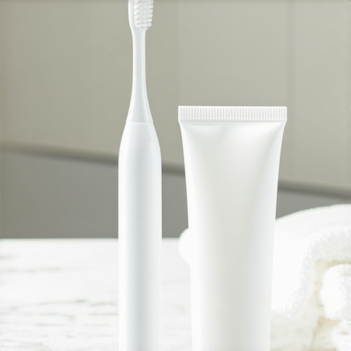 Premium Dental Maintenance Tools Ultra-soft toothbrush and non-abrasive toothpaste on a marble counter