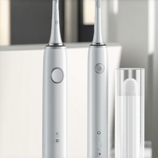Premium Dental Maintenance Tools on Counter Premium sonic toothbrush, water flosser, and clear dental nightguard on a modern bathroom counter.