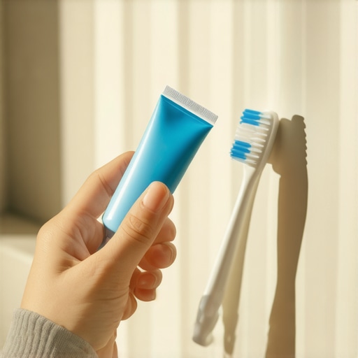 Desensitizing toothpaste and a toothbrush on a bathroom counter.