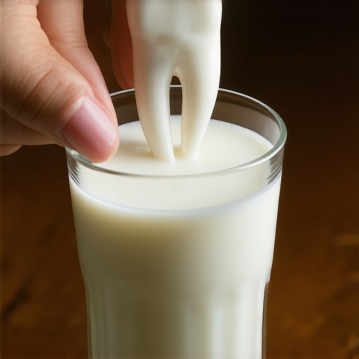 A human hand holding a tooth by the crown over a glass of milk for emergency preservation