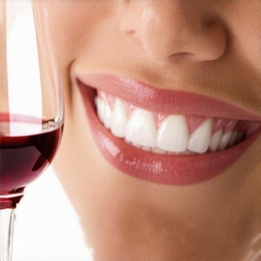 A clean smile with veneers next to a glass of red wine and water.