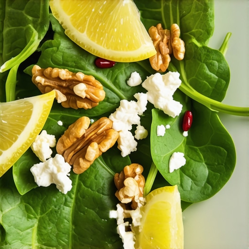 Spinach salad with feta cheese and lemon to neutralize oxalic acid grit