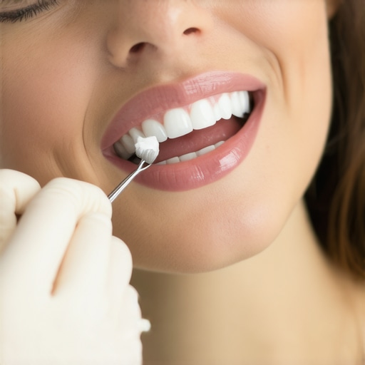 A dentist showing how to use an interdental brush to clean under a dental bridge to prevent gum recession.