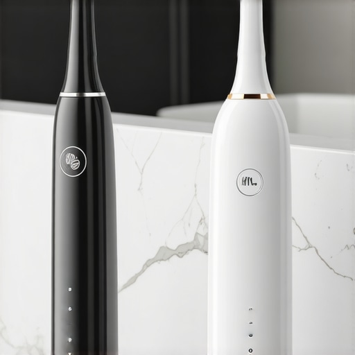 Professional Dental Care Tools for Long-Term Maintenance Modern electric toothbrush and water flosser on a marble counter for dental implant and veneer care.