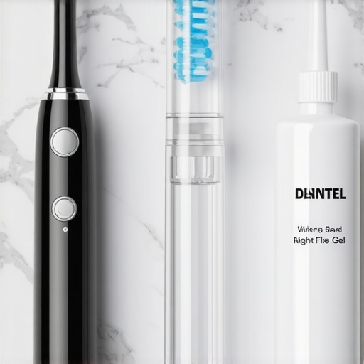 Professional Dental Maintenance Kit for Veneers and Implants A collection of dental tools including a night guard and water flosser for maintaining cosmetic dentistry.