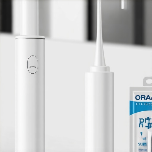 High-end dental maintenance tools including water flosser and pH strips on a modern counter.
