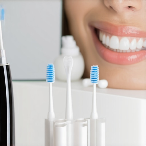 Close-up of a water flosser, night guard, and dental tools for maintenance
