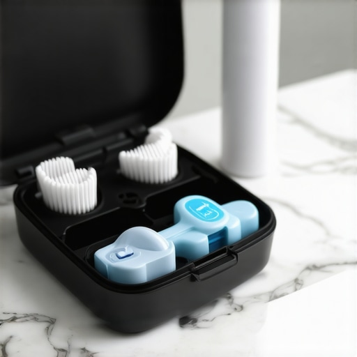 Professional Dental Maintenance Tools A collection of specialized dental tools including a water flosser and night guard for maintaining veneers and implants.