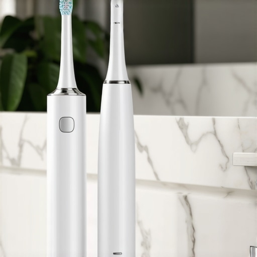 Professional Dental Maintenance Tools An electric toothbrush and water flosser on a bathroom counter representing advanced home dental care.