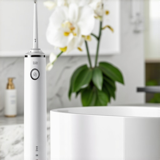 Professional Dental Maintenance Tools A water flosser and ultrasonic cleaner on a marble counter for veneer and implant care