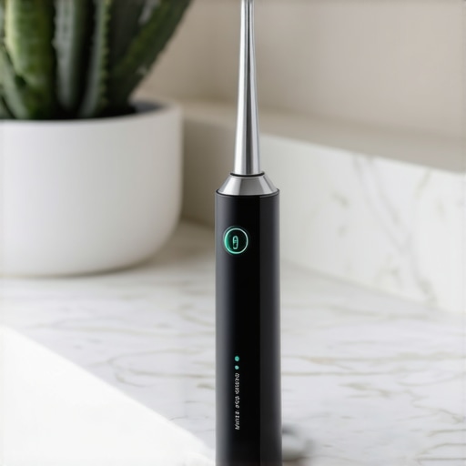 Professional Dental Maintenance Tools High-end water flosser and electric toothbrush on a marble counter for dental maintenance.