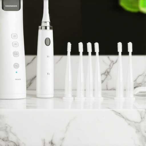 Close-up of a water flosser and interdental brushes for cleaning dental implants and veneers.