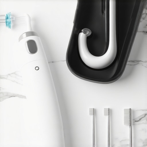 A collection of professional tools including a night guard and water flosser for maintaining veneers and dental implants.