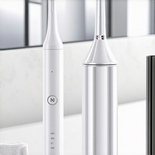 Professional Dental Maintenance Tools Electric toothbrush and water flosser on a clean bathroom counter for veneer and implant care