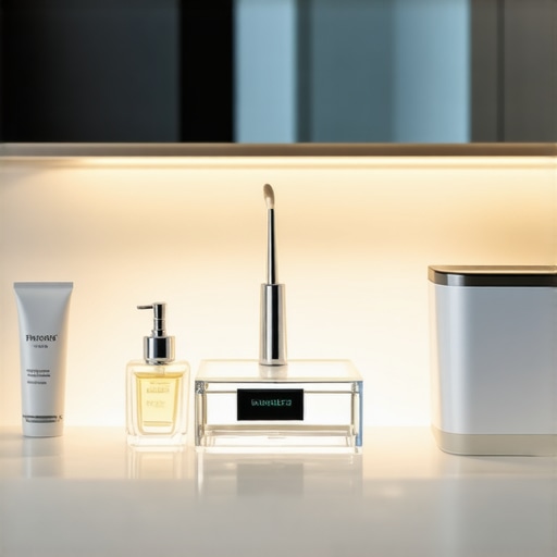 Professional Dental Maintenance Tools Ultrasonic cleaner and water flosser on a bathroom counter for dental appliance care