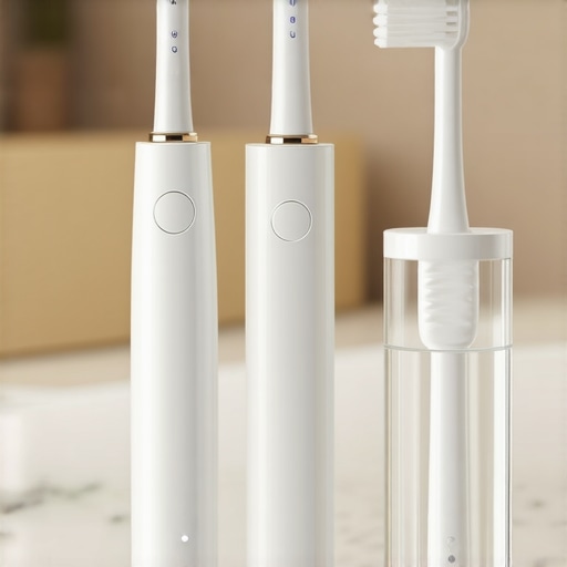 Professional Dental Maintenance Tools Collection of dental tools including sonic toothbrush and water flosser for veneer and implant care.