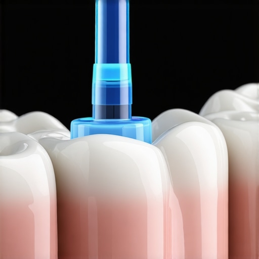 Professional Dental Maintenance Tools Close up of a water flosser cleaning a dental bridge and implants