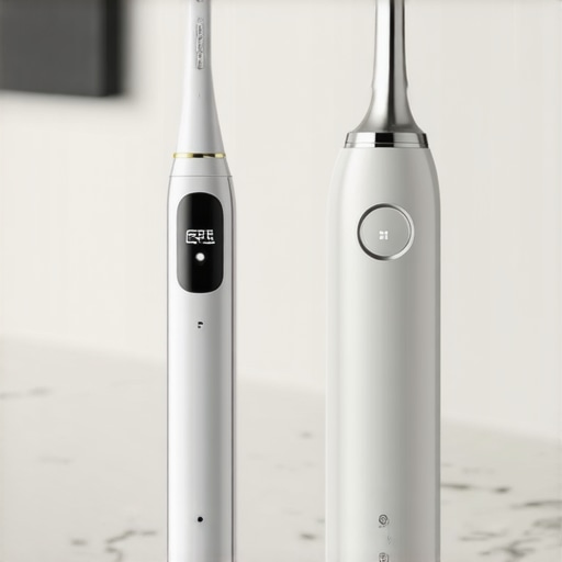 A sonic toothbrush and water flosser on a marble counter representing modern dental maintenance.