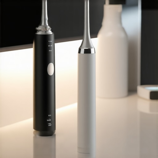 An electric toothbrush and water flosser on a marble counter representing modern dental care maintenance.