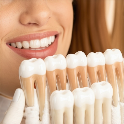 A dentist matching porcelain veneer shades to a patient's teeth in natural lighting.