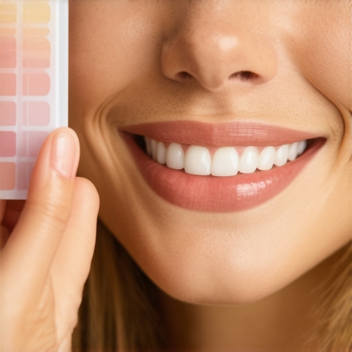 A dentist using a tooth shade guide to find a natural-looking color for dental veneers.