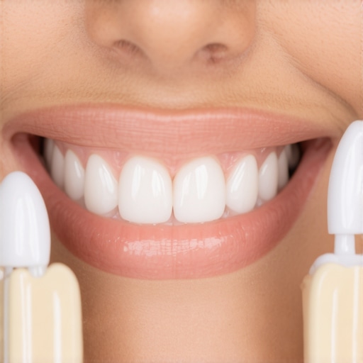 Professional Dental Shade Matching for Veneers A dentist using a shade guide to match porcelain veneer colors to a patient's natural teeth.