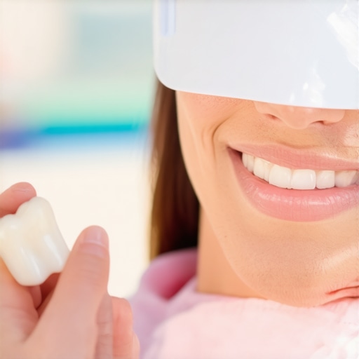 Professional Dental Shade Matching A close-up of a dentist matching a porcelain tooth shade to a patient's smile under natural outdoor light.
