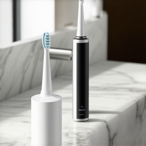 Professional Home Dental Maintenance Tools Electric toothbrush and water flosser on a bathroom counter