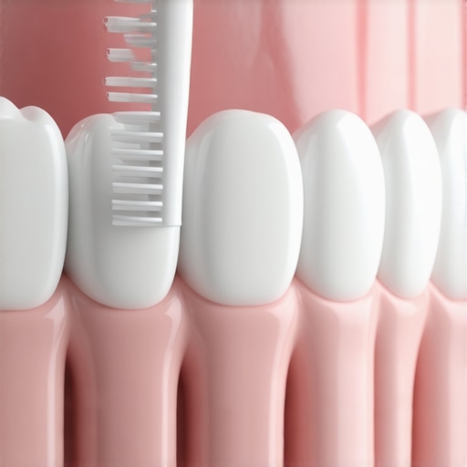 A specialized interdental brush being used to clean under a dental bridge for maintenance.