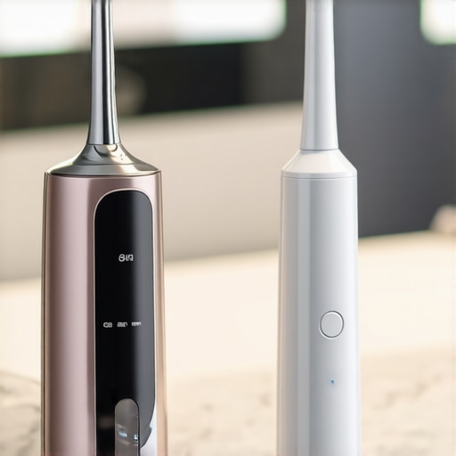 Professional Oral Care Maintenance Tools An oral irrigator and sonic toothbrush on a marble counter representing high-end dental maintenance