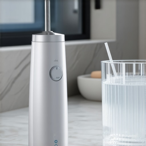 A high-end water flosser with a specialized plaque seeker tip sitting on a bathroom counter.