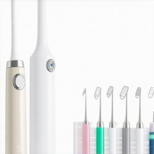 Professional Tools for Dental Bridge Maintenance An oral irrigator and specialized floss threaders for cleaning under dental bridges and implants.
