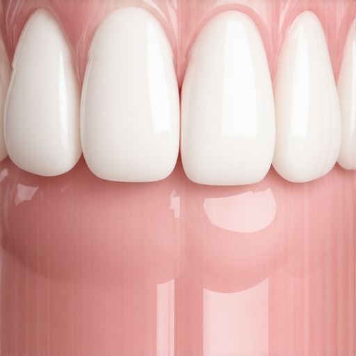 A dentist holding a porcelain veneer sample next to a patient's natural teeth to determine the best color match.
