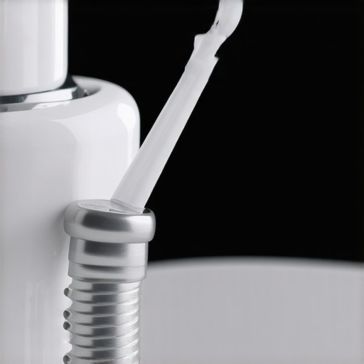 Professional Water Flosser for Dental Implant Maintenance A water flosser cleaning the base of a dental implant crown at the gum line.
