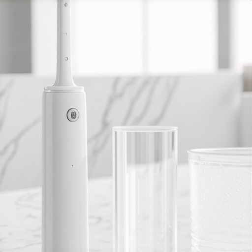 An electric toothbrush and water flosser on a marble counter representing modern oral hygiene.