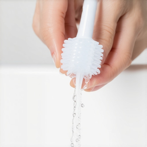 Cleaning clear dental aligners with cool water and a soft brush to remove white film.