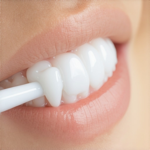 A person using a soft-bristled toothbrush to massage their gums at a 45-degree angle.