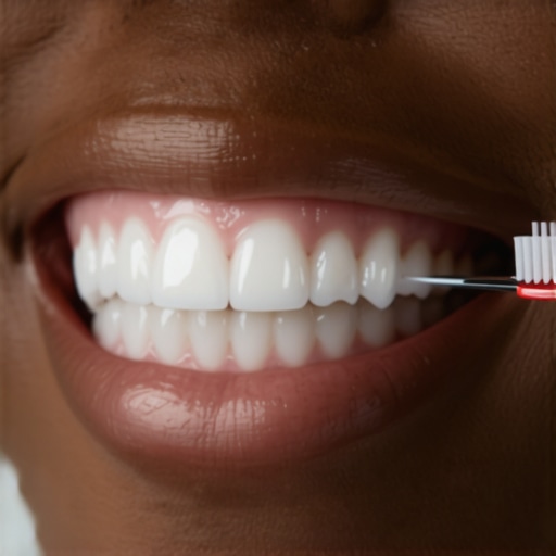 Close up of toothbrush at 45 degree angle against gum line to prevent throbbing