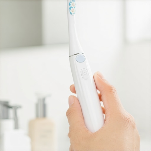 Proper Grip on an Electric Toothbrush A person holding an electric toothbrush correctly with a light grip to avoid gum pressure.
