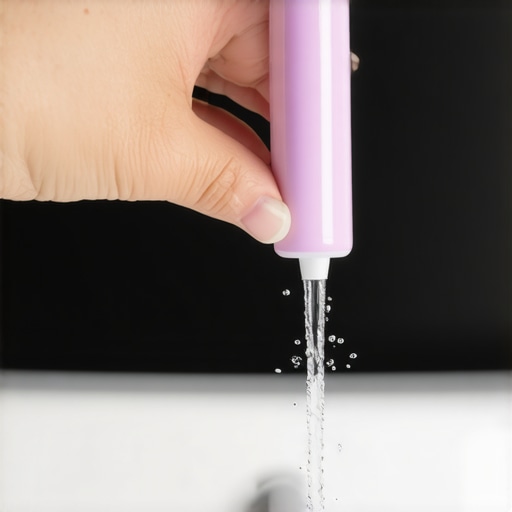 Proper Water Flosser Angle Technique Close up of a water flosser being used at a 90 degree angle to the gums to prevent bleeding.