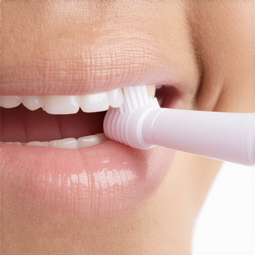 Proper brushing technique for gum health Close-up of an electric toothbrush angled at 45 degrees toward the gums to prevent recession.