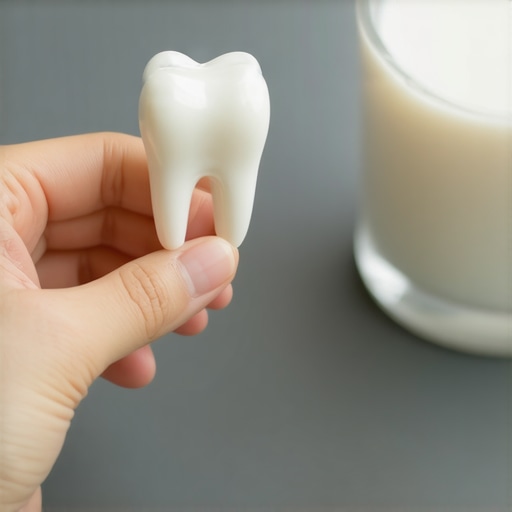 Proper storage for a knocked-out tooth Holding a knocked-out tooth by the crown next to a glass of milk