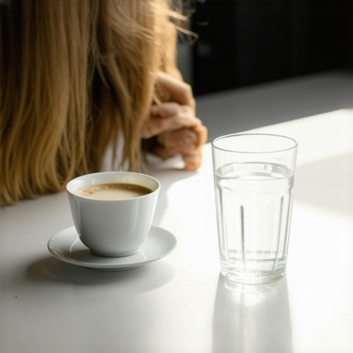 Rinsing with water between coffee sips A glass of water and a coffee mug on a sunlit table representing dental health habits
