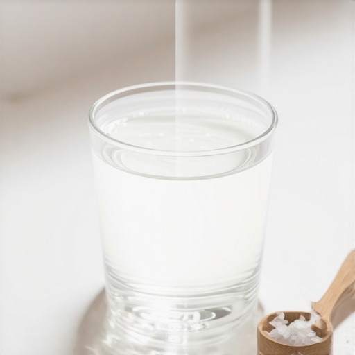 Salt water rinse for dental recovery A glass of warm salt water and a measuring spoon for post-extraction care