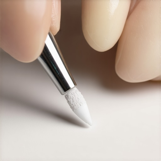 Dentist using a fine polishing disc on a porcelain veneer to remove rough spots.