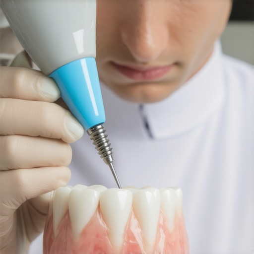 Specialized Non-Metal Dental Scaling Tool Hygienist demonstrating the use of a resin scaler on a dental implant to prevent titanium scratches.