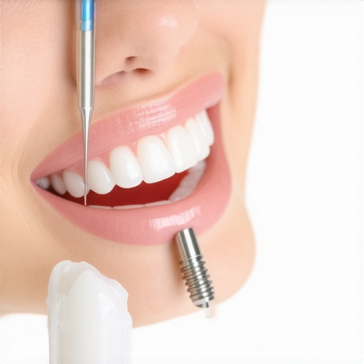 A dental professional using an interproximal brush on a dental implant to maintain gum health.