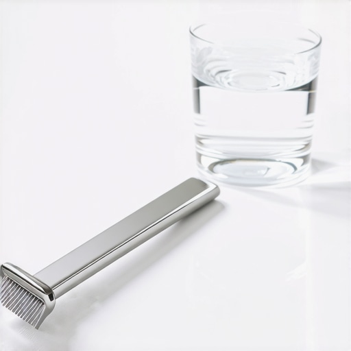 A metal tongue scraper on a bathroom counter, highlighting effective oral hygiene tools.