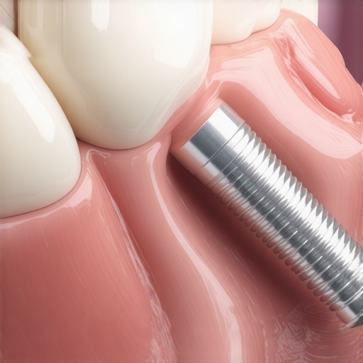 Structure and Detail of a Modern Dental Implant Macro view of a dental implant and crown showing the integration with the jaw model.